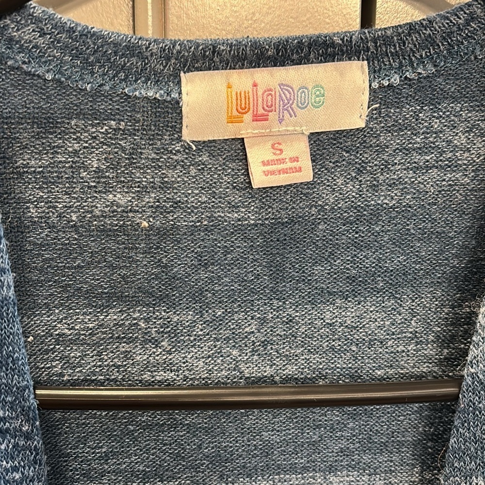 Lularoe Sarah SM long Sweater Cardigan Pockets Blue Stripe Knit Duster - Picture 2 of 4
